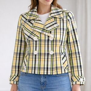 Abbie Mags~Women Yellow Plaid Peacoat Button Jacket~Spring~Double Breasted~MED
